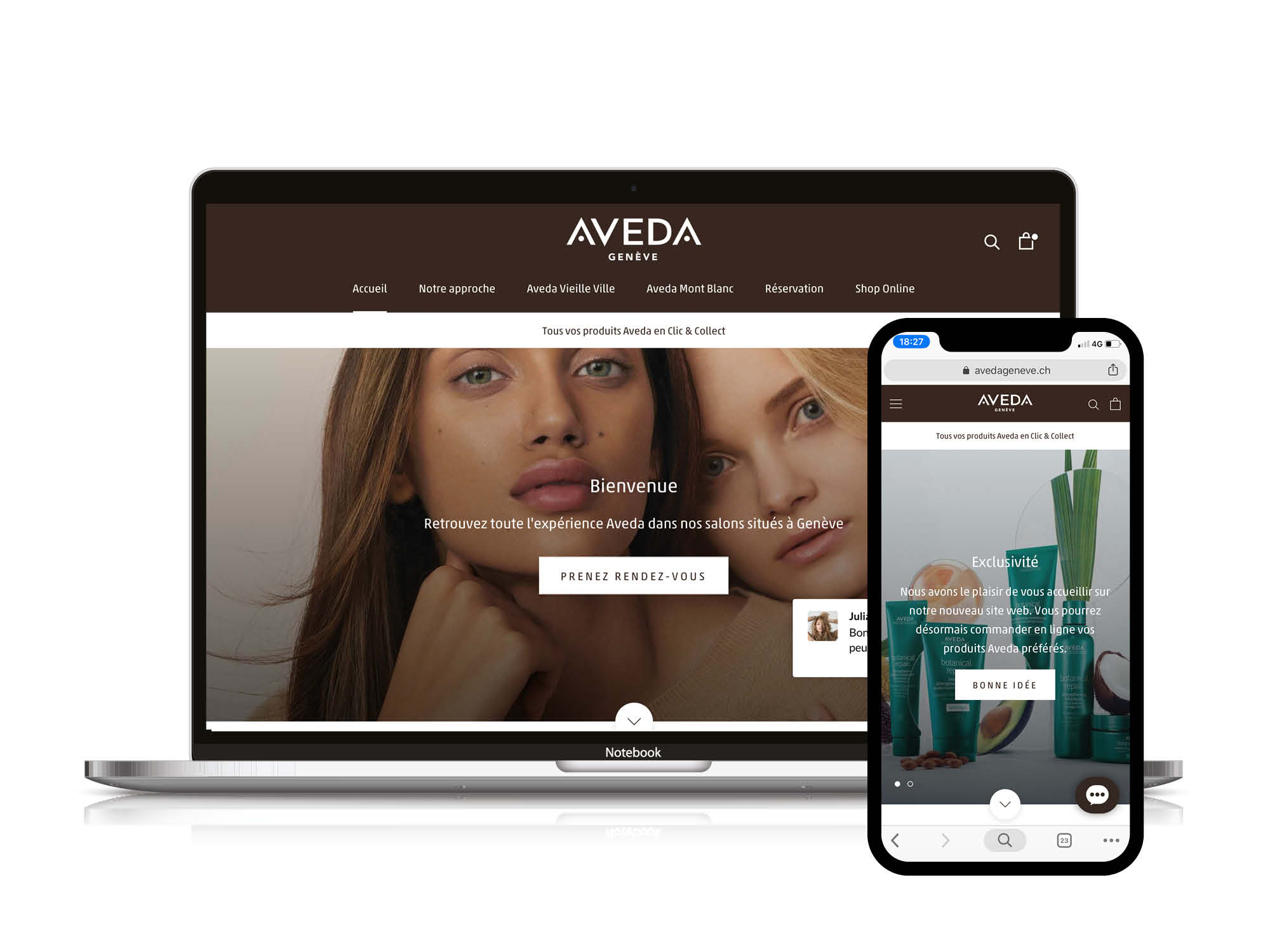 Site web Aveda Geneve homepage